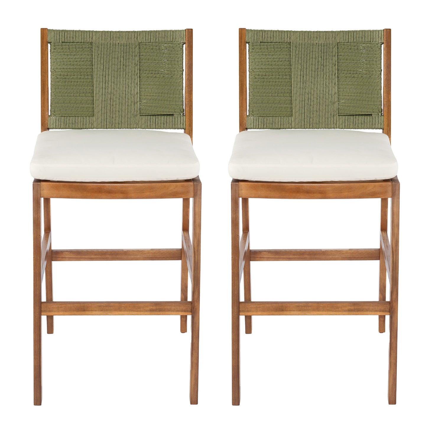 Outdoor Acacia Wood Bar Stools  Set Of 2 , Teak Finish Bar Height Chairs With Cream Cushion & Green Wicker Back, Counter Height Stools For Patio, Poolside, Kitchen Island