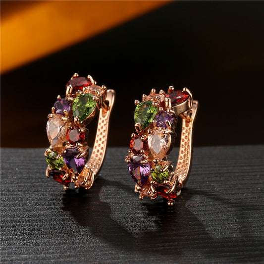 Summer Colorful Teardrop Cubic Zirconia Huggie Earrings, INS Exquisite Versatile Elegant High-End Temperament Fashion Women Ear Buckle Jewelry