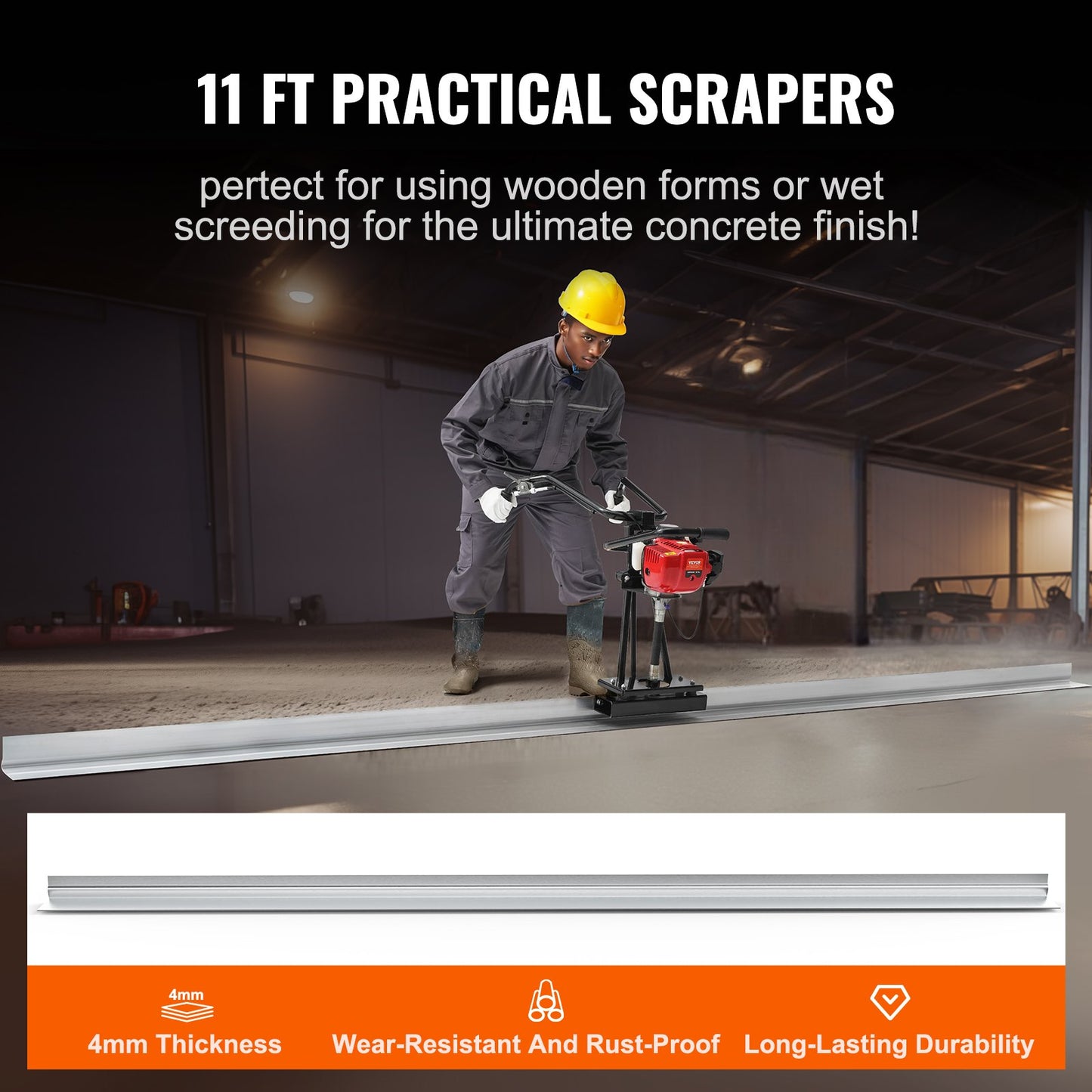 Gas Concrete Power Screed, 11ft Aluminum Board Straight Edge Bar Set, 4 Stroke Cement Finishing Vibrating Motor With Height Adjustable Handles, High Efficient Concrete Tools 6500RPM