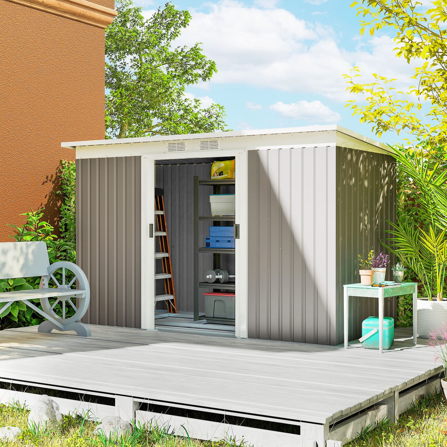 Corrugated Garden Metal Storage Shed Outdoor Equipment Tool Box With Kit Ventilation Doors 9x 4FT Light Grey