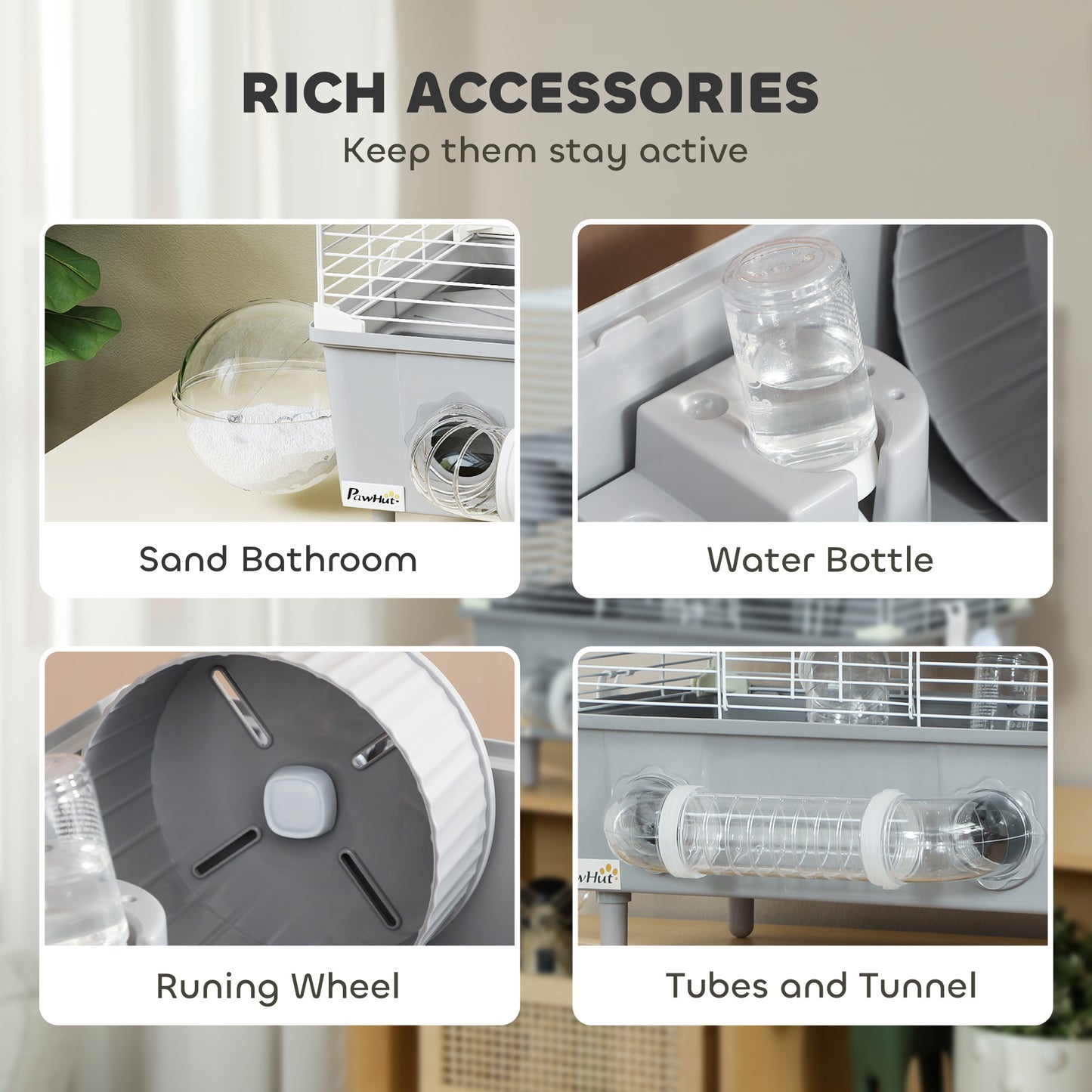 2-Tier Hamster Cage With Sand Bathroom Running Wheel Water Bottle Tubes Accessories