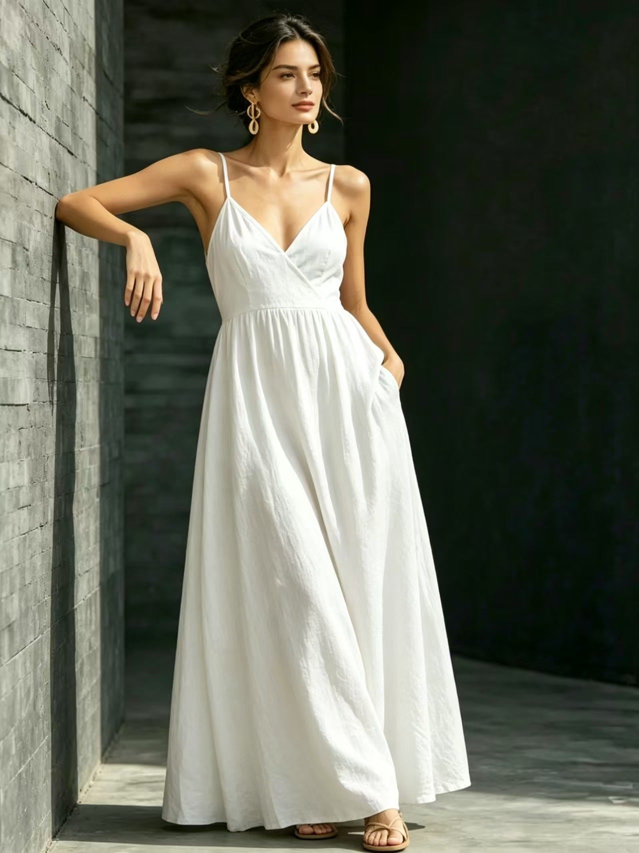 Summer V-Neck Spaghetti Strap Maxi Dress With Pockets - Elegant Vacation & Office Wear For Women