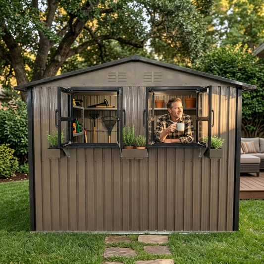 9x6 FT Outdoor Metal Storage Shed With Window & Flower Rack, Lockable Double Doors Tool Shed, Waterproof Weatherproof Garden Shed For Patio Brown Black