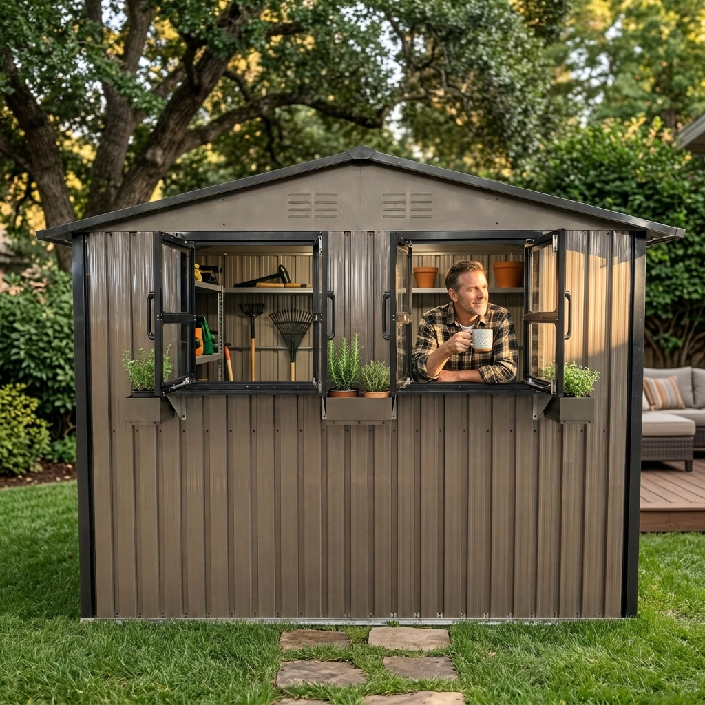 9x6 FT Outdoor Metal Storage Shed With Window & Flower Rack, Lockable Double Doors Tool Shed, Waterproof Weatherproof Garden Shed For Patio Brown Black