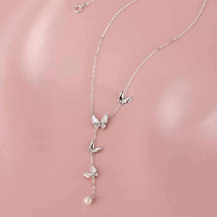 1pc 999 Sterling Silver Mother Of Pearl Butterfly Tassel Pearl Necklace, Luxurious Sweet Style, Perfect For Daily Wear & Valentine's Gifts