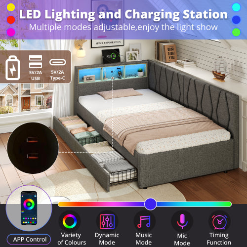 3ft Single Daybed With Two Storage Drawers, LED Modern Bed Frame With Charging Station, Linen Sofa Bed For Living Room Bedroom Study Room, 90X190cm, Easy Assembly, Grey