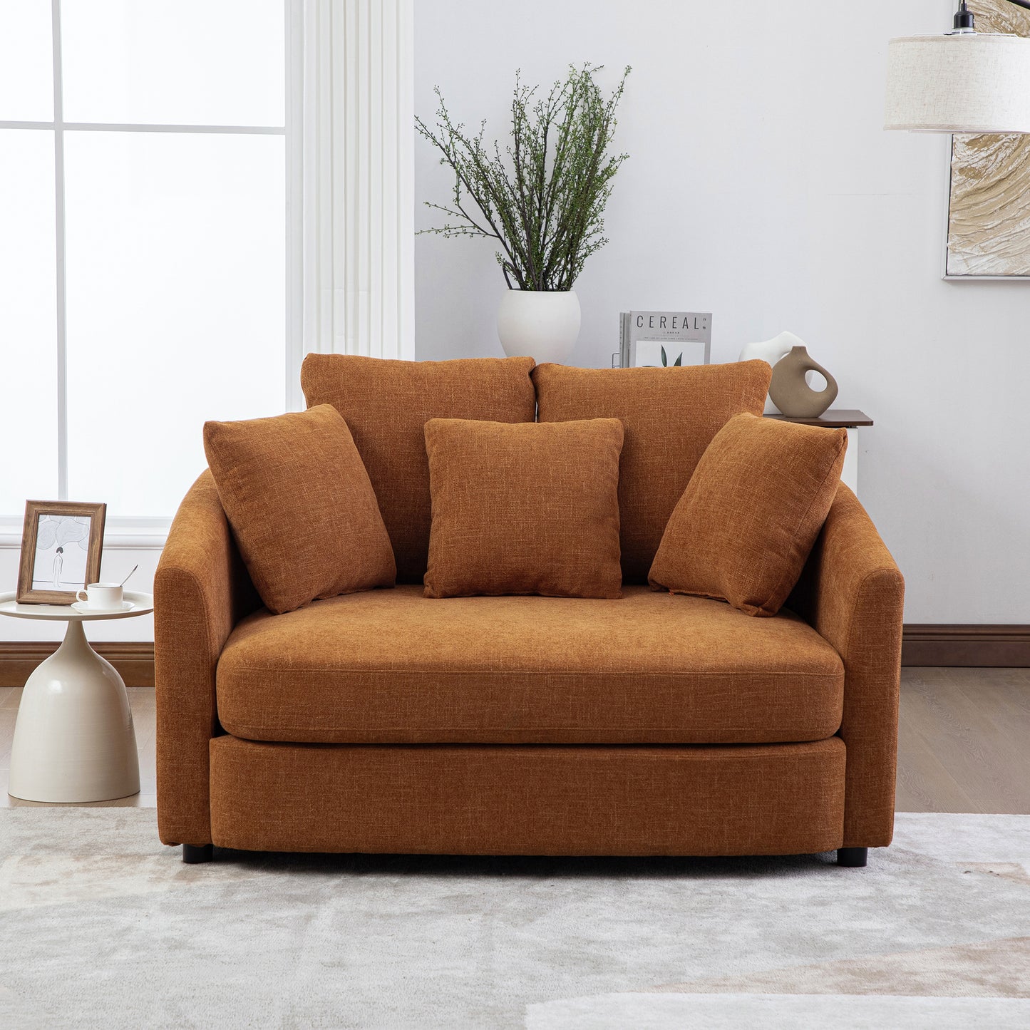 56.3  Wide Upholstered Round Accent Cuddle Chaise With Pillows, Cozy Oversized Slipcovered Barrel Lounger Chair With Deep Seat Reading Armchair For Club, Living Room, Bedroom, Office, Lounge, Orange