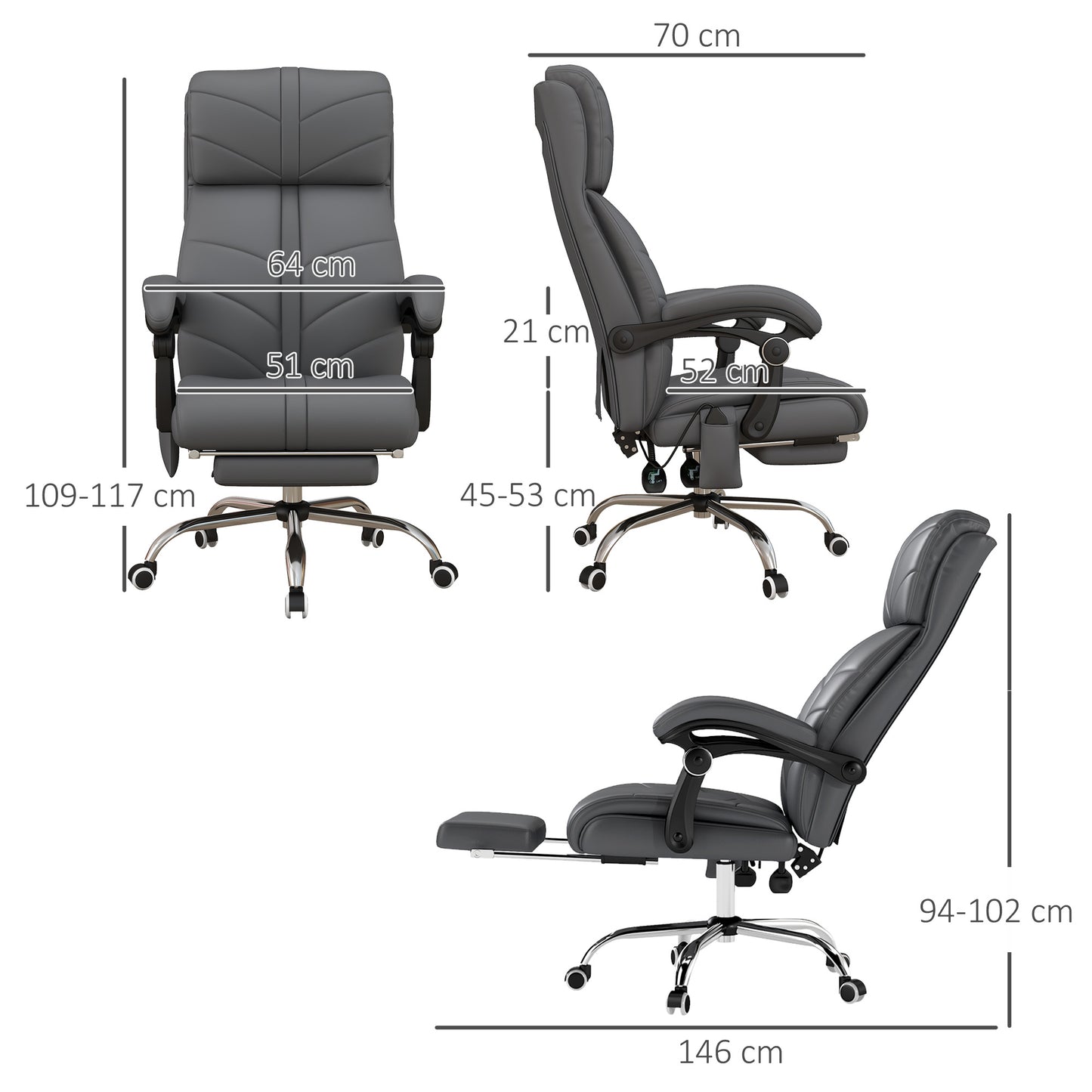 Vinsetto High Back Vibration Massage Office Chair, Heated Reclining PU Leather Computer Chair With Footrest, Grey
