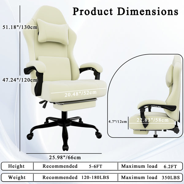 Ergonomic Gaming Chair, Video Game Chair With Massage Lumbar Support And Footrest, Height Adjustable Fabric Computer Chair With Pocket Spring Cushion, White