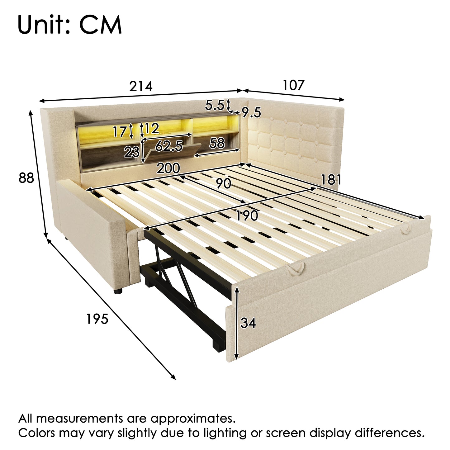 Upholstered Bed Bed 90x200 Cm With Pull-out Bed 90x190, And LED Lighting, Struraum Bed, L-shaped Headboard With Storage Space, Can Be Mounted On Both Sides, Slatted Base, Linen, Beige  Without Mattres