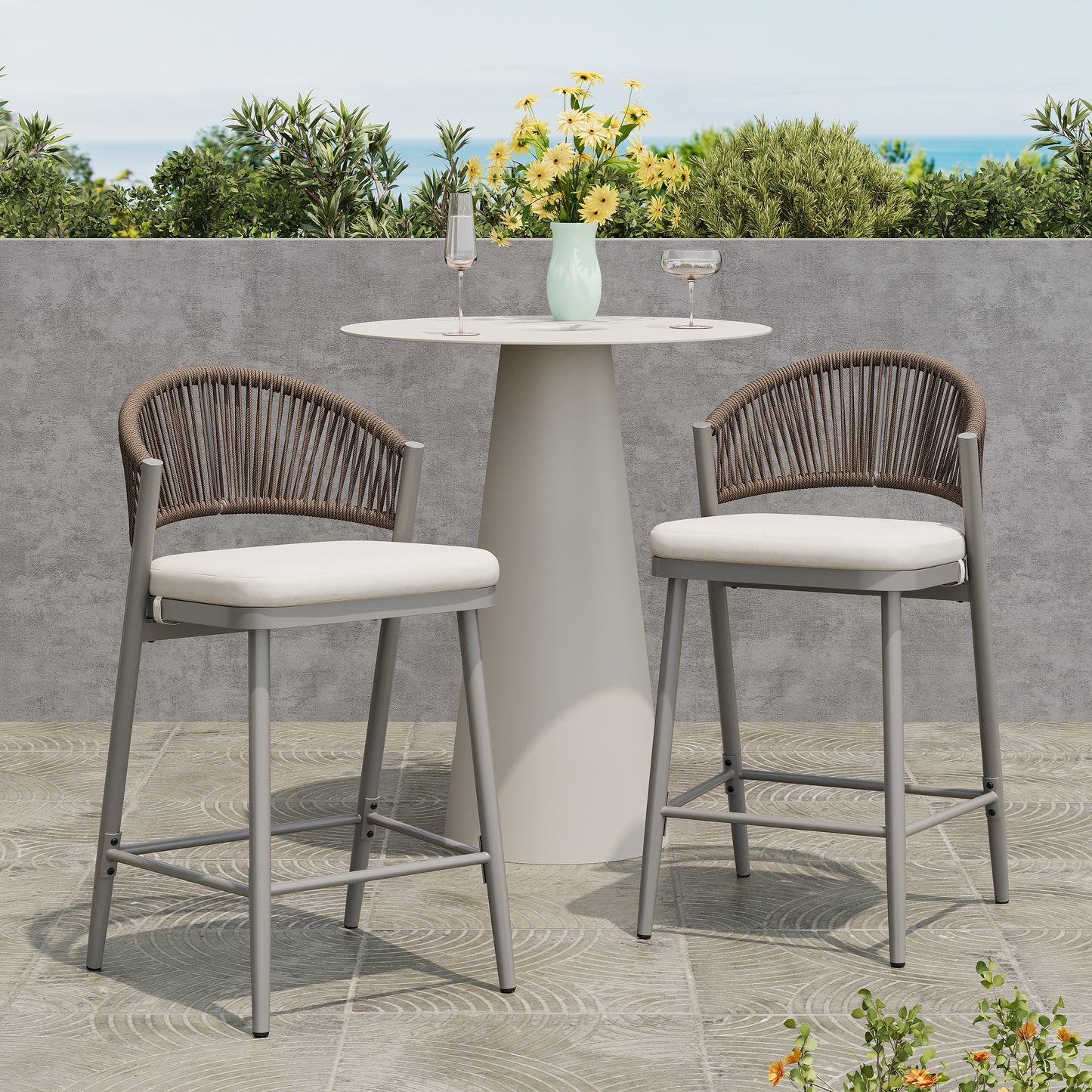 Outdoor 26 Seat Height Metal Frame Counter Stools With PE Rattan Scallop-shaped Backrest, Set Of 2, Matte Grey