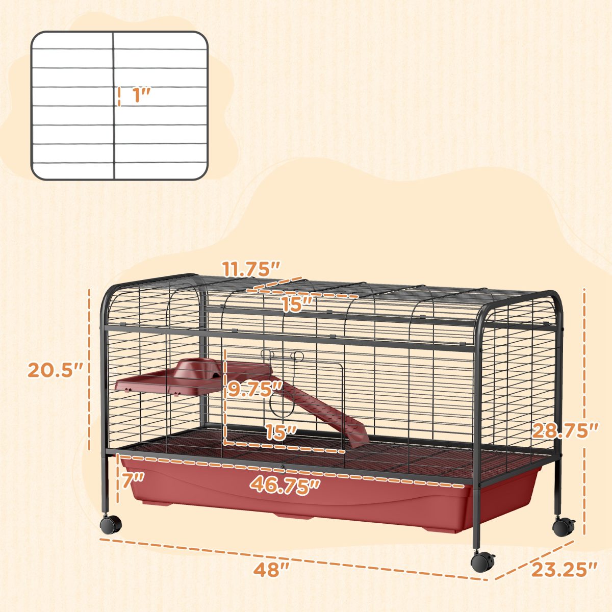 48" L Small Animal Cage, Pet Play House For Rabbit Hutch Or Ferret With Feeder, Rolling Wheels, Platform, Ramp