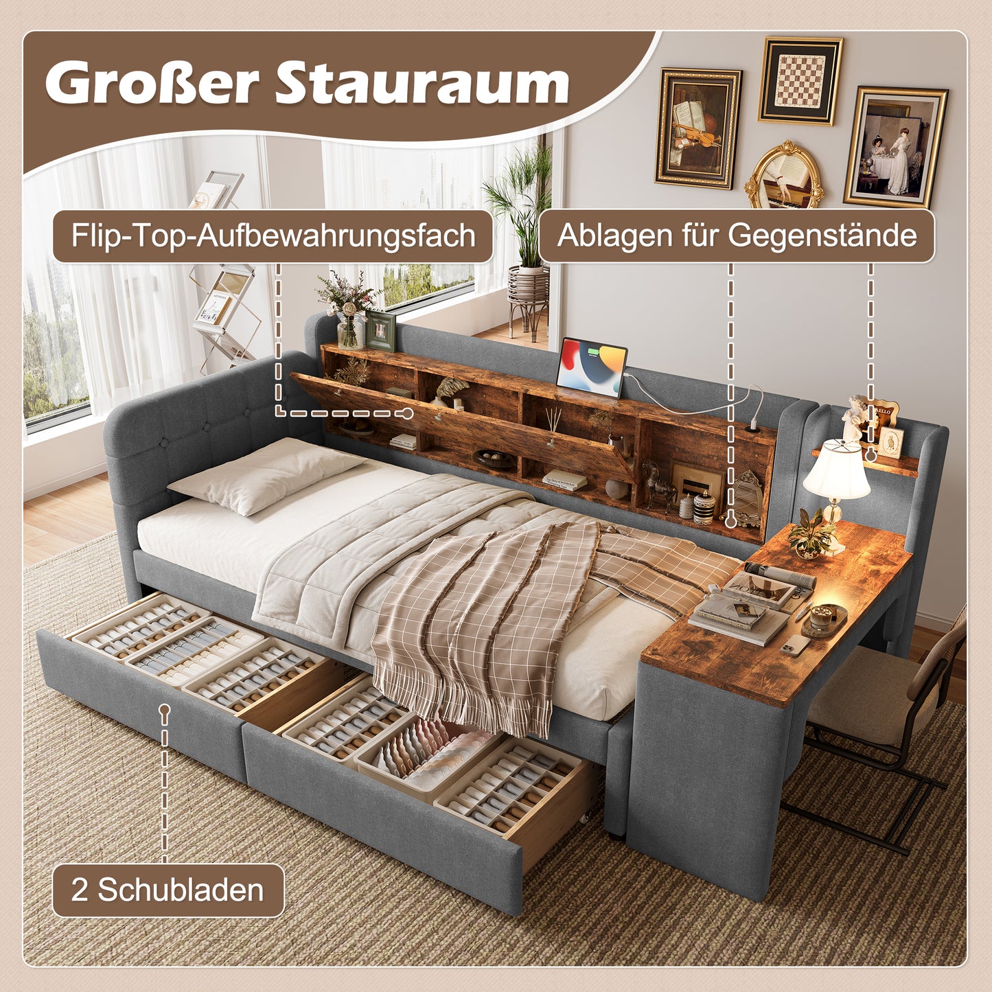 Daybed Daybed, Sofa Bed, With 2 Drawers, Desk, USB  Type C, Flip-top Storage Compartment, Storage Compartment, Bed With Slatted Base Without Mattress, Linen, Grey
