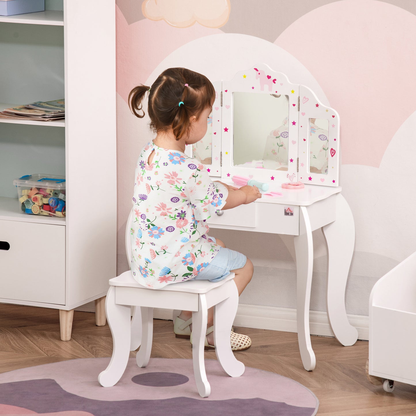Kids Vanity Table And Chair Set With Tri-Folding Mirror And Stool, Makeup Dressing Table With Drawer, White