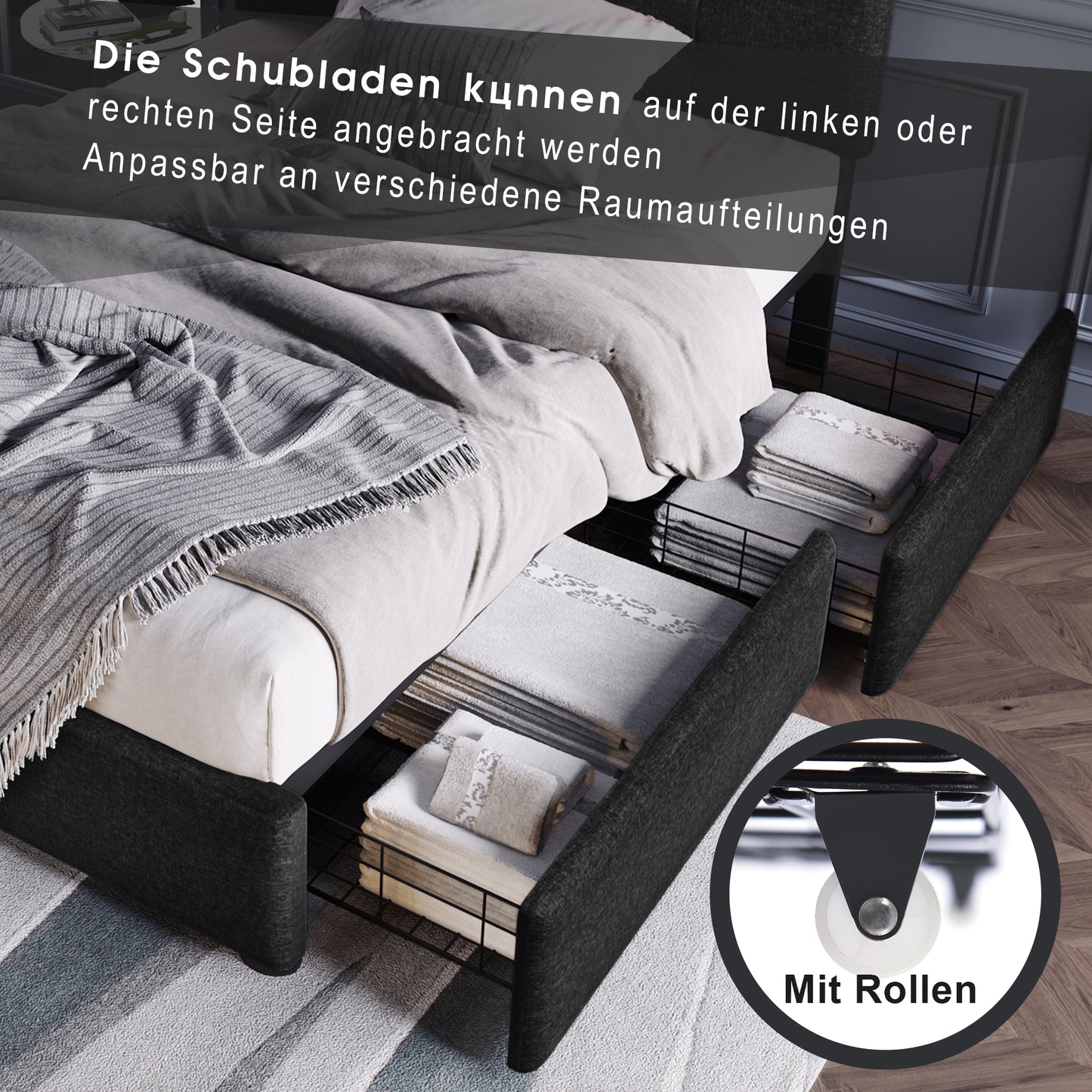 Bed Frame With LED Lighting And 2 Drawers, Single Bed Upholstered Bed 90x200cm, Height-adjustable Headboard, Wooden Slatted Base, Black  Without Mattress