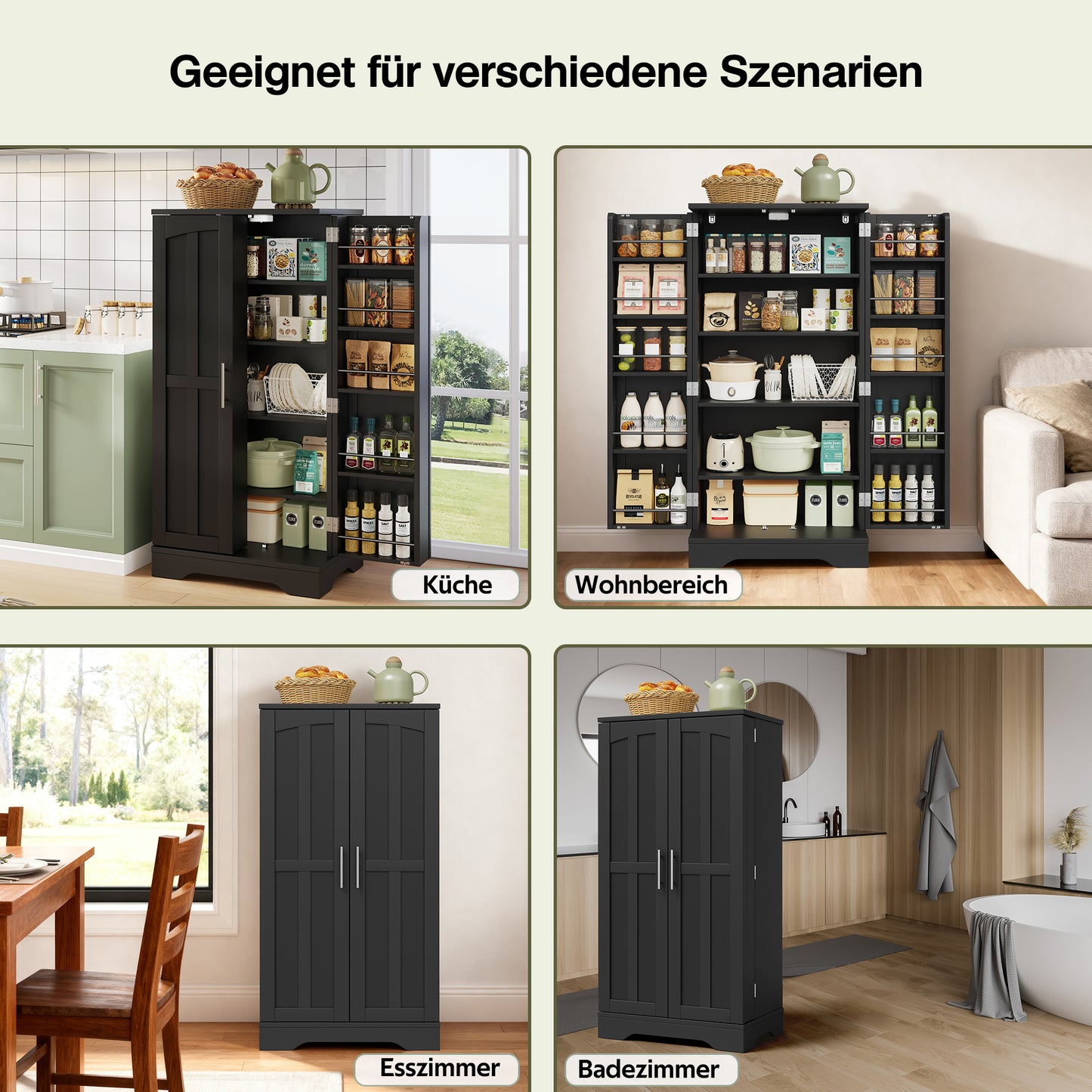 120x60x40xcm Kitchen Cabinet With LED Sensor Light, Large 2-Door Storage Cabinet With Adjustable Shelves & Door Shelves  Suitable For Kitchen, Dining Room Or Living Room, Black