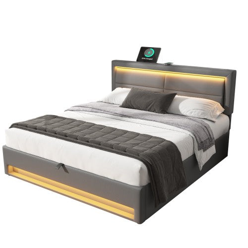 Upholstered Bed 135 X 190 Cm,Double Bed-4ft6,with USB Port Supports Wireless And Wired Charging, With LED Lighting And Storage Space, Without Mattress, PU-Lychee Design, Gray