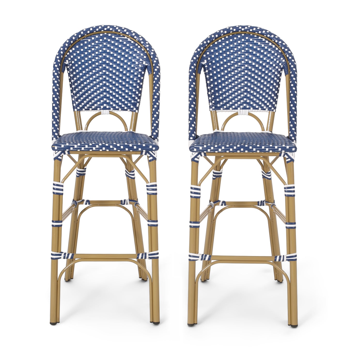 29.5 Outdoor PE Rattan French Barstool, Dark Teal And White, Aluminum Frame With Bamboo Finish  Set Of 2