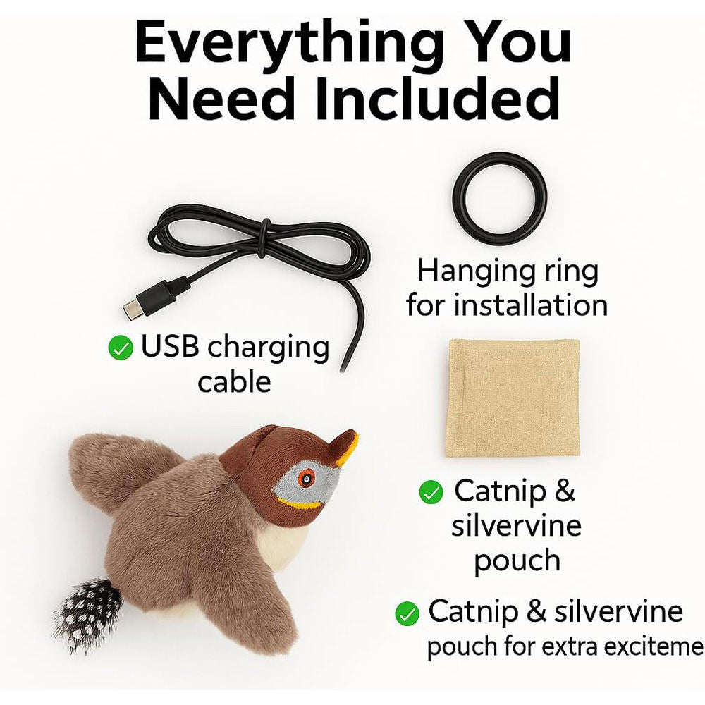 USB Rechargeable Flapping Bird Cat Toy, Realistic Chirping White Faced Sparrow Plush Toy, Motion Activated Electronic Interactive Pet Toy For Indoor Cats Exercise