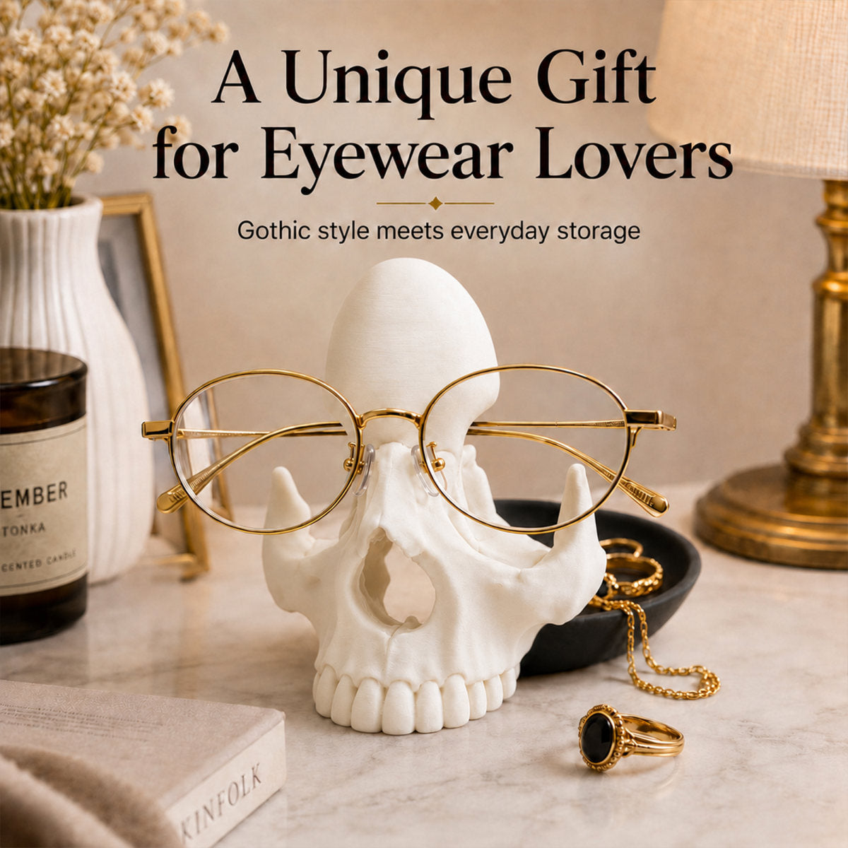 3D Printed Skull Eyeglass Holder With Storage Tray, Gothic Desktop Decor, Glasses Display Stand For Rings And Small Trinket