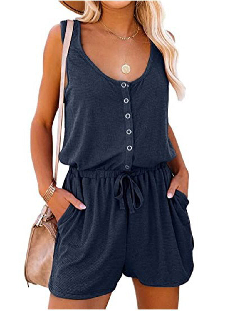 Women's Casual Sleeveless Button Down Romper With Drawstring Waist & Pockets, Loose Fit Jumpsuit Shorts For Loungewear & Outdoor