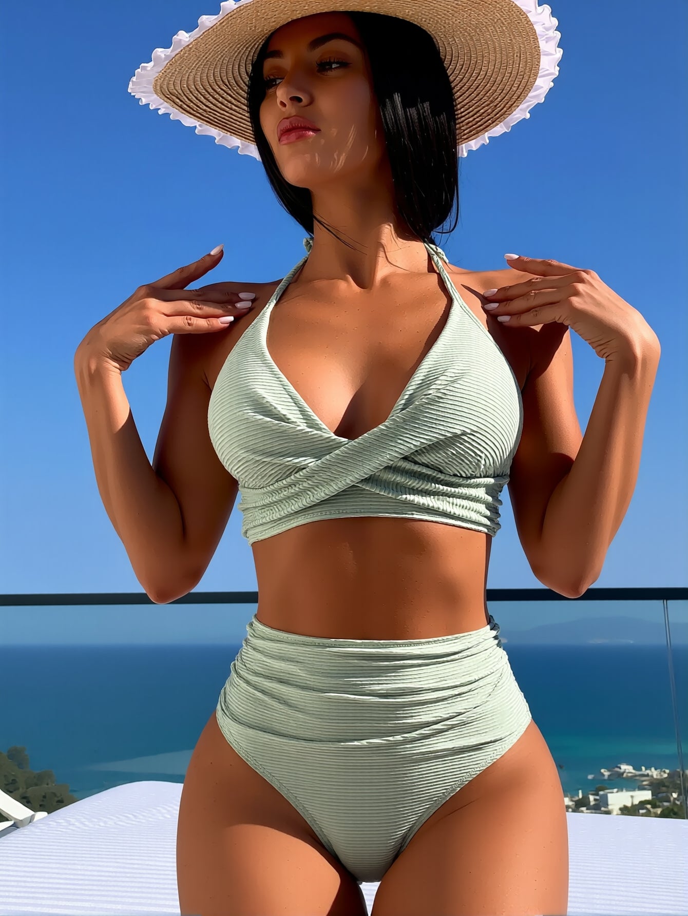 2026 New Mint Green Vertical Striped Halter Cross V Neck High Waist Bikini Two Piece Set Women Slimming Split Swimsuit For Beach Vacation, Minimalist Elegant Style