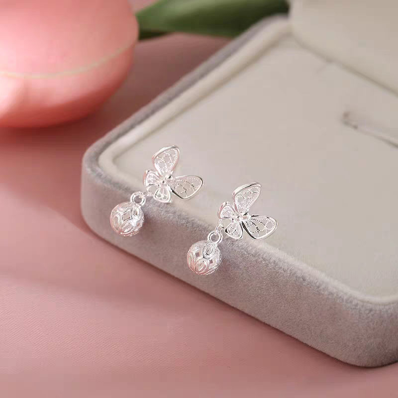 1 Pair 999 Sterling Silver Filigree Hollow Butterfly Palace Bell Stud Earrings, Retro & Elegant, Perfect For Daily, Dating & Gifting, Ideal Valentine's Gift