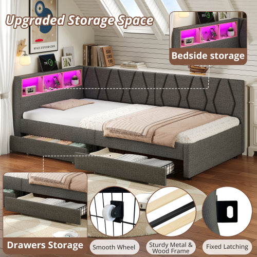 3ft Single Daybed With Two Storage Drawers, LED Modern Bed Frame With Charging Station, Linen Sofa Bed For Living Room Bedroom Study Room, 90X190cm, Easy Assembly, Grey