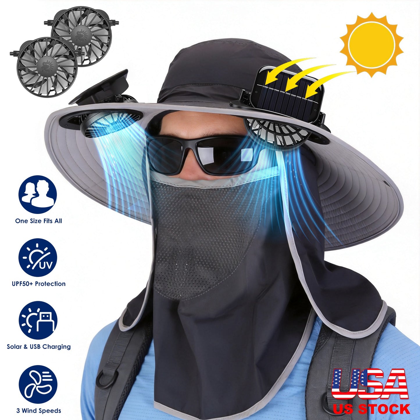 1Pc 2 In 1 Solar Fan Hat UPF50 Sun Hat With Fans Wide Brim Fishing Hat With Face Cover Neck Flap Solar USB Charging For Hiking Gardening Outdoor Work