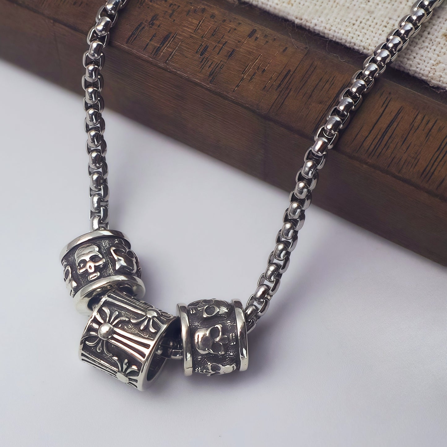 Gothic Vintage Carved Barrel Bead Necklace, Oxidized Silver Plated Biker Punk Pendant Gift For Him
