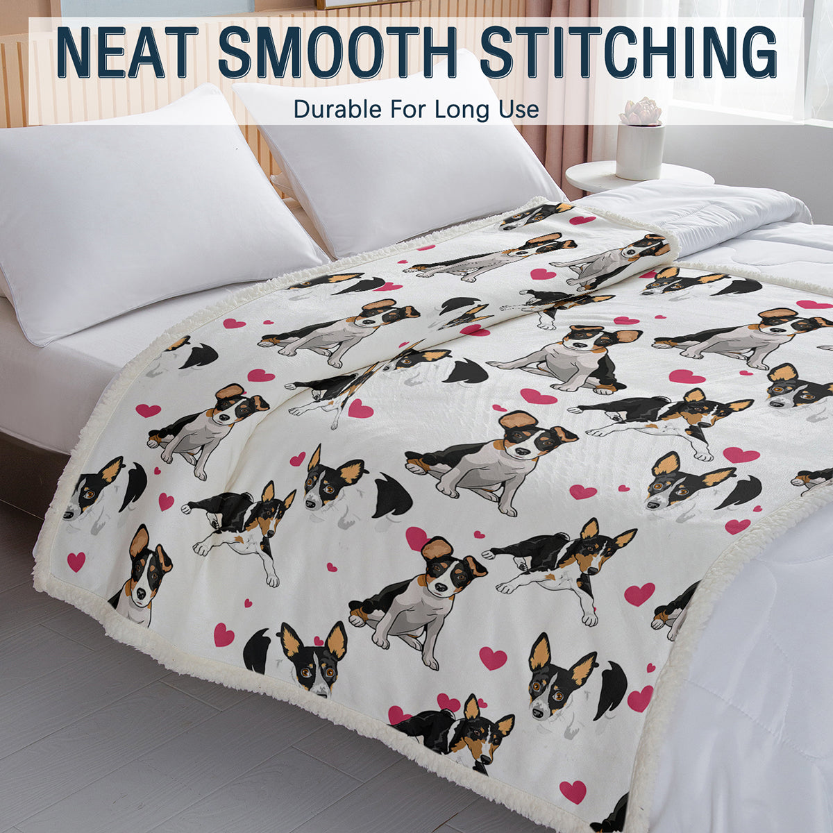 Rat Terrier Throw Blanket, Dog Lover Gift Blanket Reversible Plush Fluffy Red Heart Rescue Dog Sherpa Fleece Bedding For Kids Teens