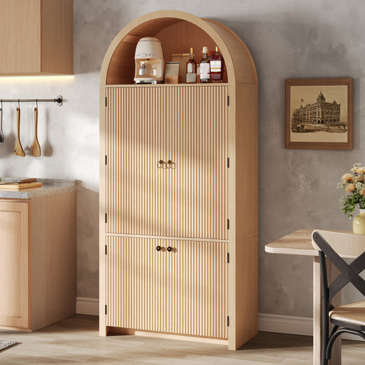 Arched Cabinet 180 X80 X40 Cm, Kitchen Cabinet, Display Cabinet, Wine Cabinet With Door Shelves And Open Upper Compartment, For Kitchen, Dining Room, Living Room, Bedroom, Wood Look