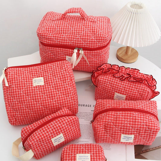 Red Plaid Makeup Bag Portable For Travel
