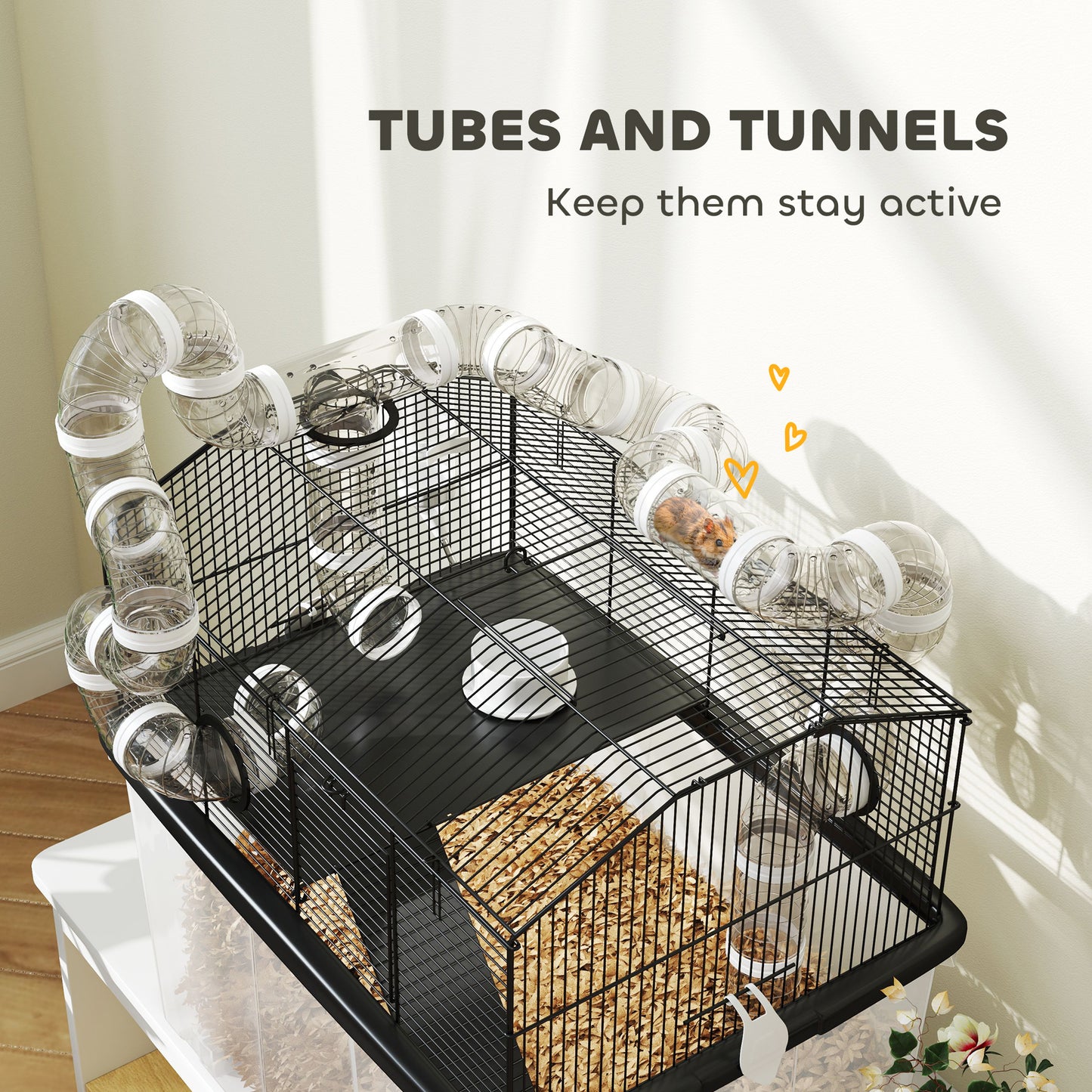 2 Tier Hamster Cage with 12" Deep Tray, Tube System, Water Bottle, Ramp, Feeding Bowl, 23" x 17" x 22", Black
