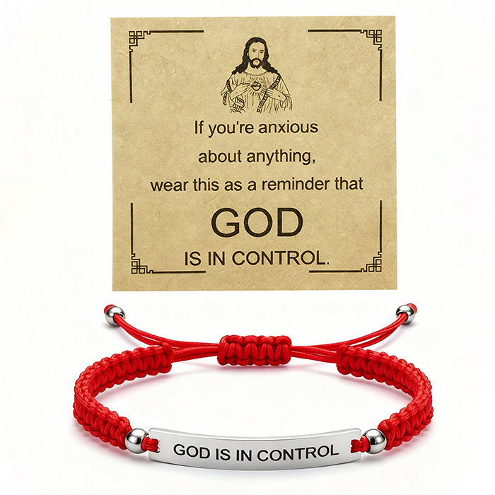 God Is In Control Engraved Bracelet, Handmade Braided Nylon Cord Cuff For Men Women, Stainless Steel Religious Christian Gift With Scripture Card