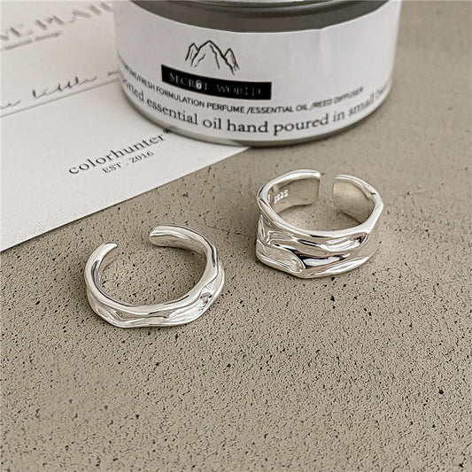 925 Sterling Silver Korean Style Irregular Stream Texture Ring, Textured Streamlined Design, INS Minimalist Fashion Statement Ring For Bloggers