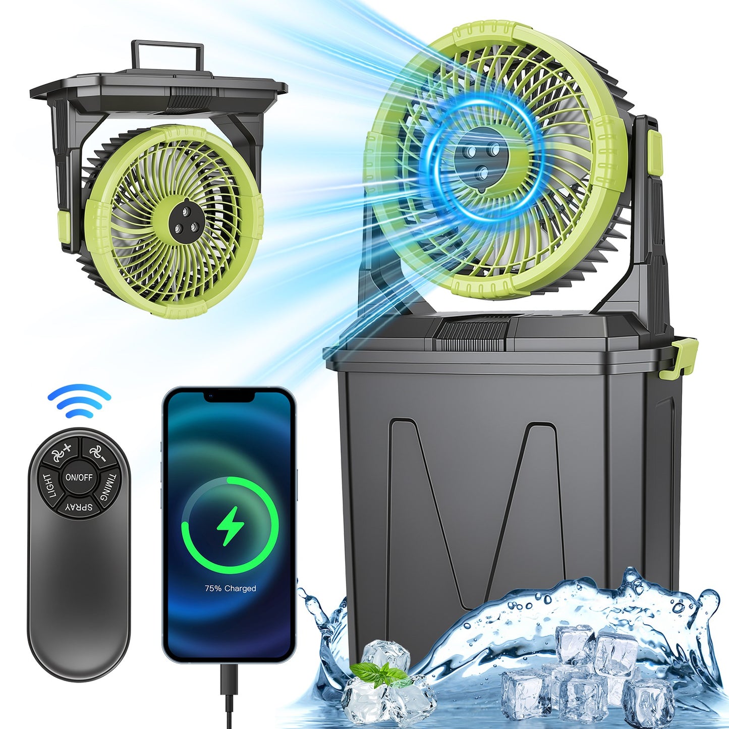 1Pc  5 In 1 20000mAh 10L Bucket Portable Misting Fan Indoor Outdoor Rechargeable Camping Cooling Fan Work As Air Cooler Humidifier Power Bank & RGB Night Light With Remote Control