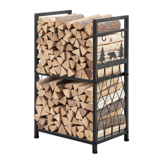 Indoor Firewood Rack, 1.3 Ft 2-Tier Firewood Holder With Fireplace Tools, Brush, Shovel, Poker, Tongs, Heavy Duty Log Wood Rack, 400 Lbs Weight Capacity, Wood Pile Storage Stacker For Fire Pit