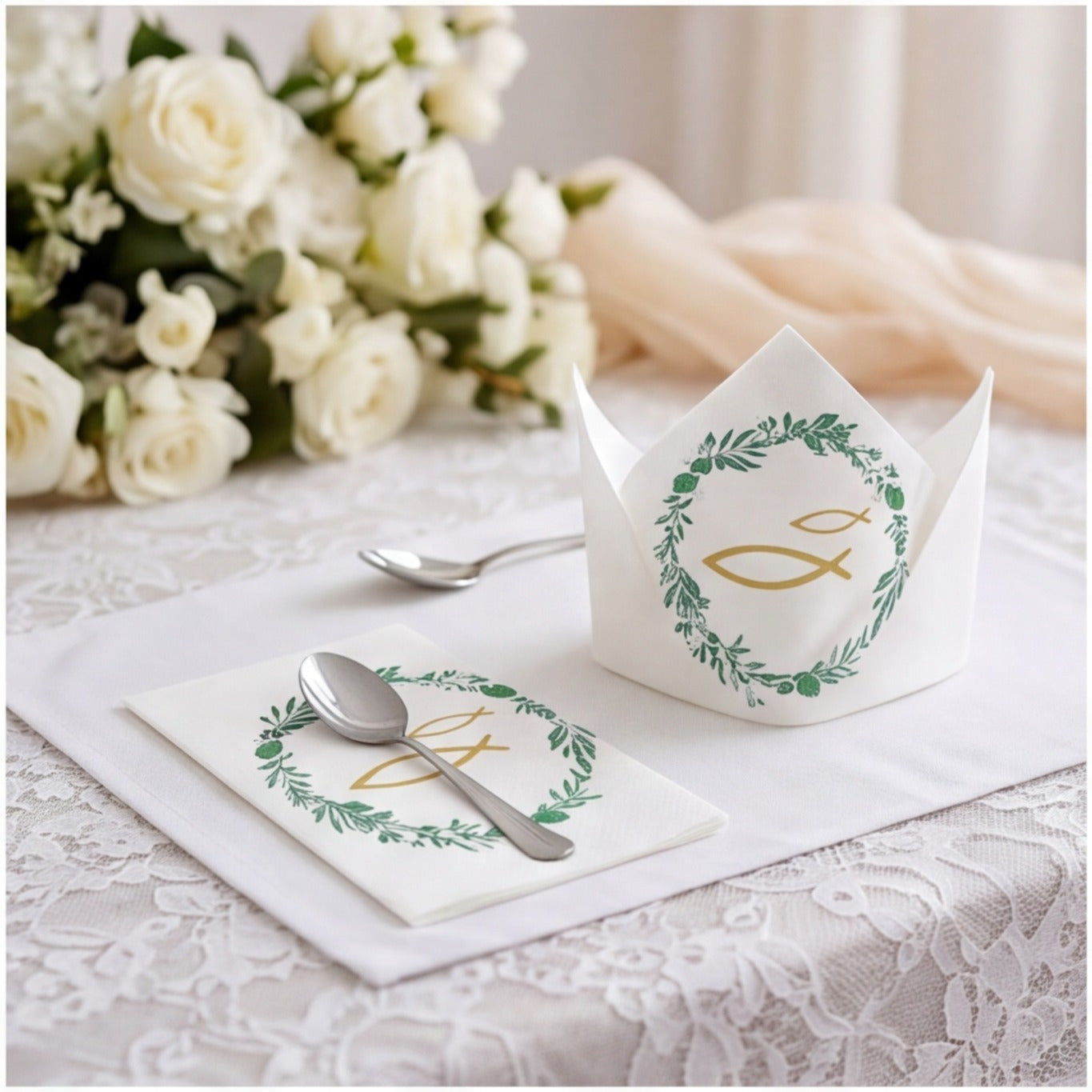 40 Napkins With Leaf And Fish Patterns In Green, Ideal For Garden Parties And Celebrations—party Supplies Set