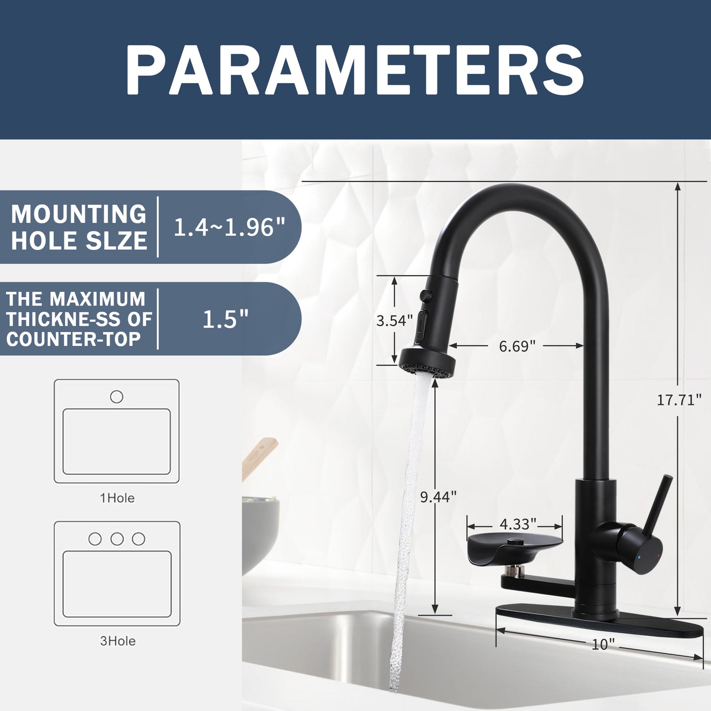3-in-1 Kitchen Faucet With Press-Type Glass Rinser, High-Arc Pull-Down Sprayer Faucet, 3 Function Spray Mode, Matte Black Finish, For Modern Kitchen Sink