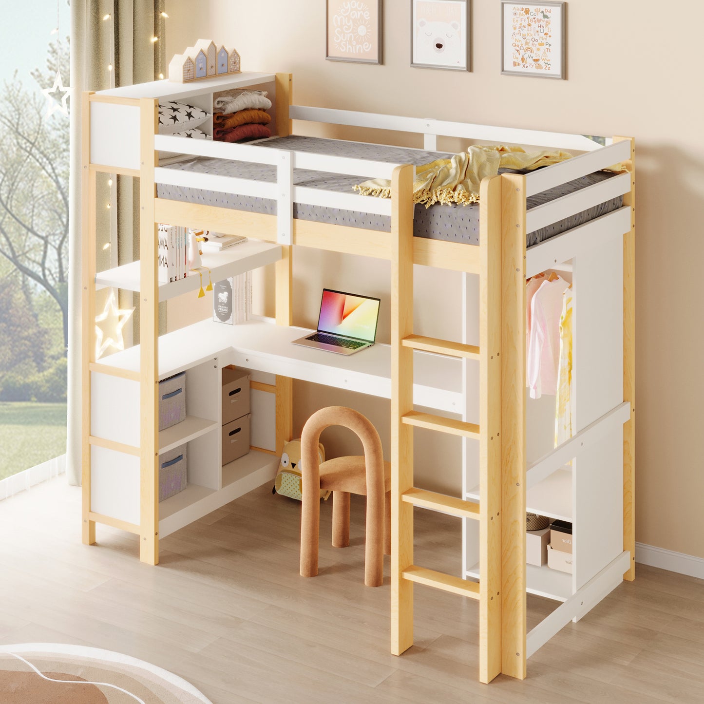 Loft Bed, 90x200 Cm, Shelves, Several Storage Compartments, Desk, Wardrobe, Without Mattress, Natural