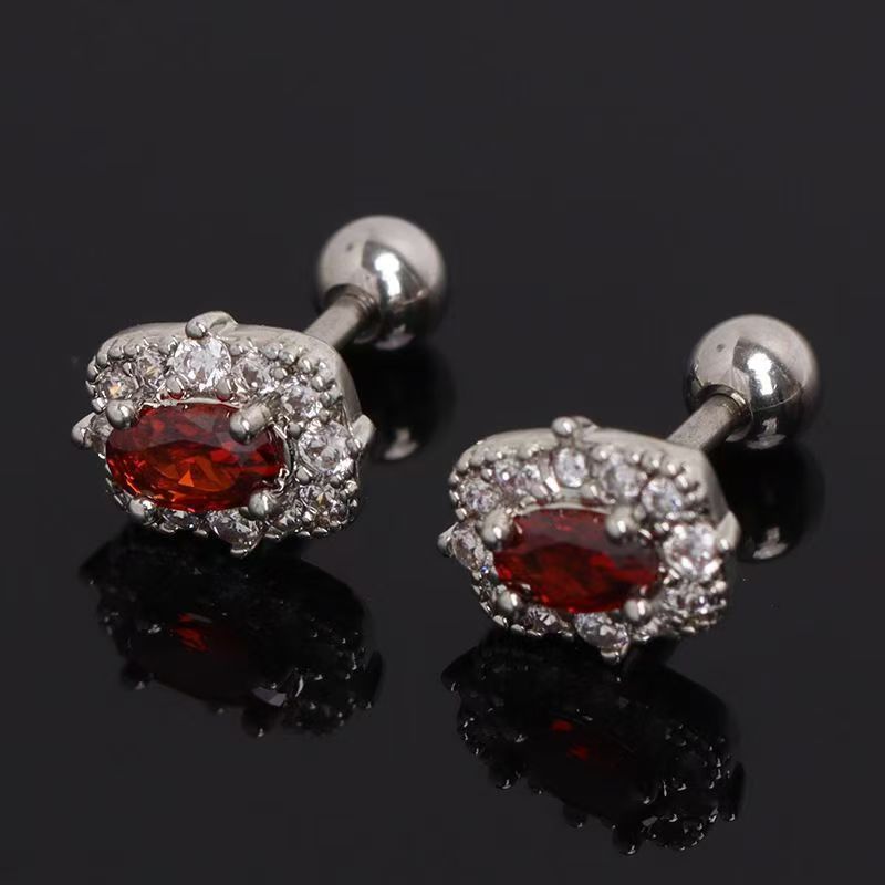 New Oval Earrings Inlaid With Red & Blue Zircon Rhinestones, High-End Electroplated Light Luxury Stud Jewelry For Men & Women