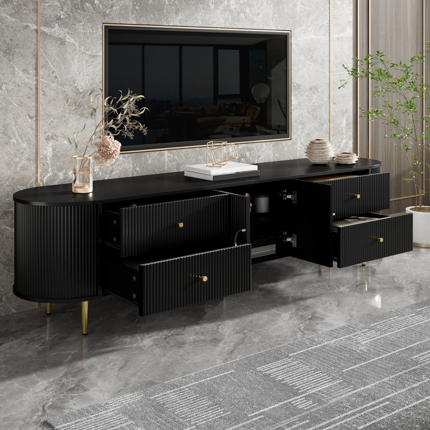 TV Cabinet, Lowboard, Three-dimensional Wave Structure, Rounded Edges, MDF Body, Aluminium Handles, Iron Feet, Fixed Shelf, Cable Outlet, Living Room