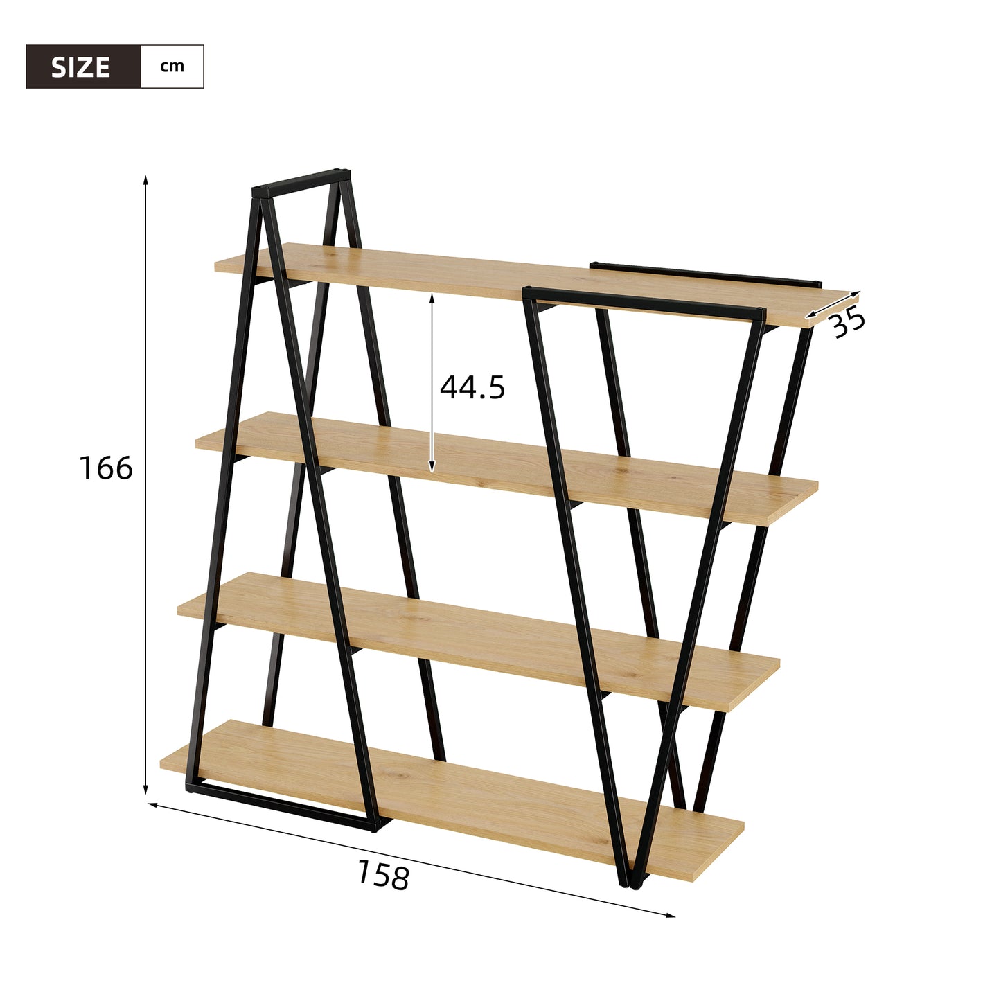 158x35x166 Cm Geometric Standing Shelf  Bookcase  Open Metal Shelf With 25 Mm Thickened MDF Wooden Floors, Triangle Design, For Living Room, Kitchen & Study,Shelf - Bookcase