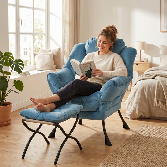 Armchair With Stool, Recliner With Armrests, Side Pocket & Footrest, Lounge Chair, TV Armchair, Wing Chair For Living Room, Bedroom, Office Blue