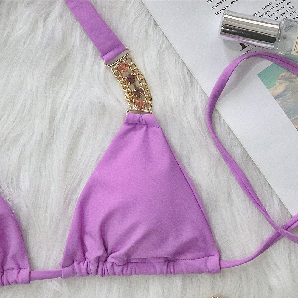 Metal Accessories Rhinestone Pure Color Bikini Women