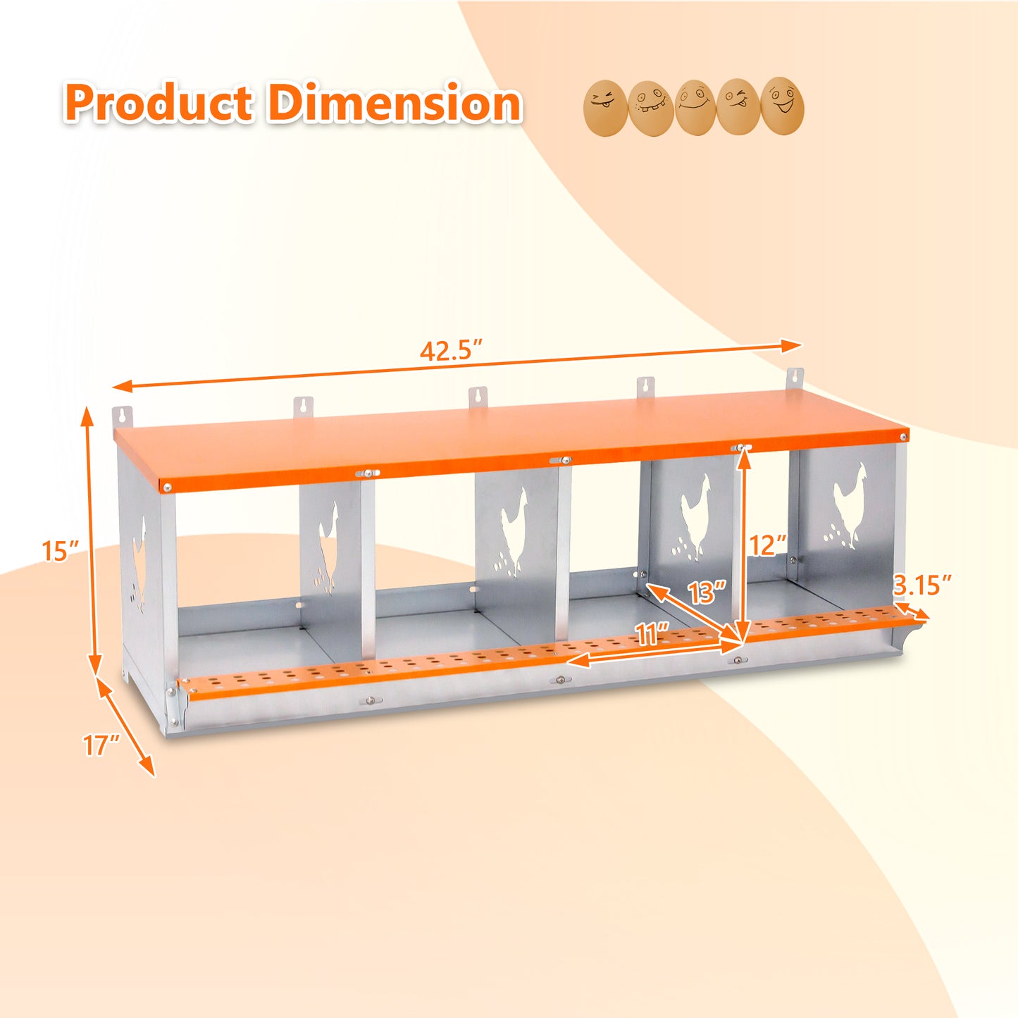 4-Bay Metal Nest Box-Wall Mount For Hens Ducks, Easy Egg   Assembly, Vented Galvanized Steel Coop Equipment Orange