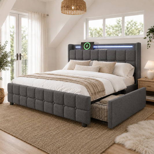 Upholstered Bed With Charging, USB Charging Function, Headboard And LED Lighting And 4 Drawers, Double Bed 140x200cm, Storage Beds, Bed Frame, Wooden Slatted Base, Grey  Without Mattress