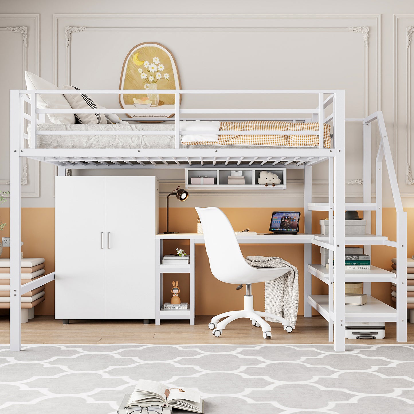 Loft Bed, 140x200cm, Wardrobe, Shelves, Storage Ladder, Desk, Without Mattress, White