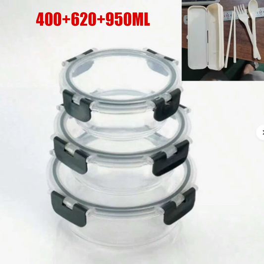 3PCS Borosilicate Glass Lunch Box Food Container Airtight Plastic Lid
